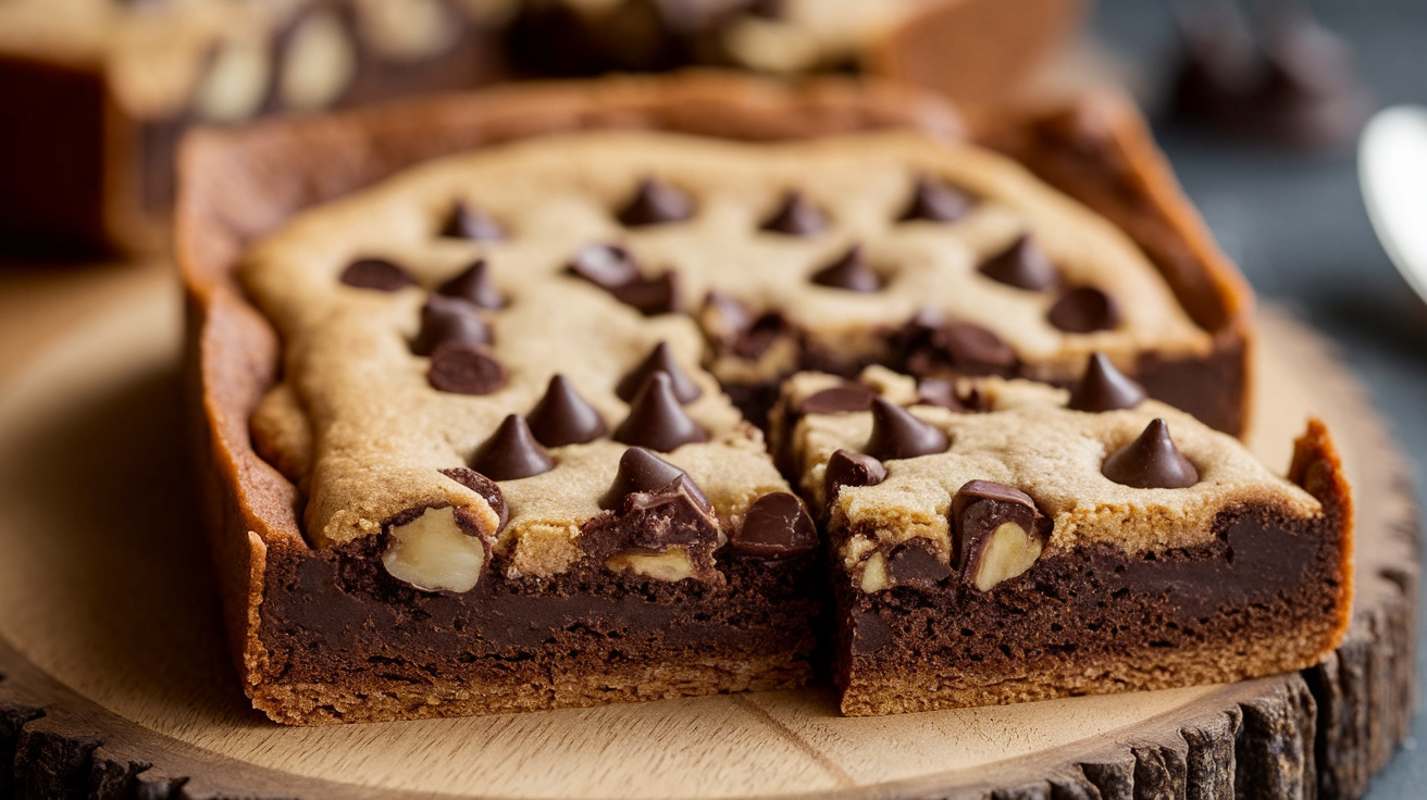 Delicious Brookies stacked on a rustic wooden table, showcasing layers of brownies and cookies.
