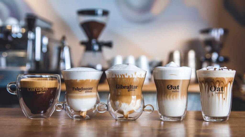 Cortado coffee variations served in different glasses, showcasing diversity.