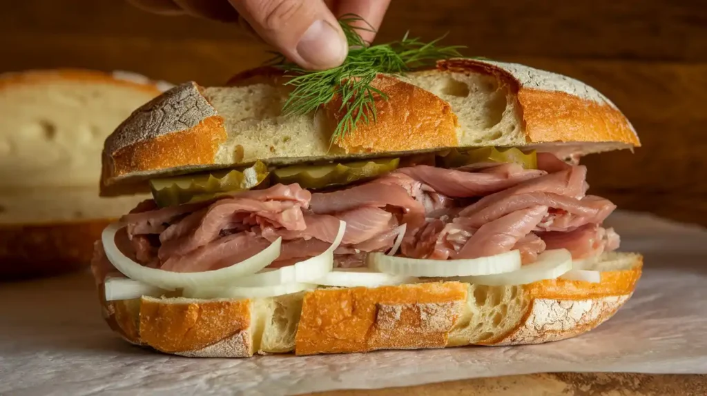 Close-Up of Matjesbrötchen Sandwich Being Assembled