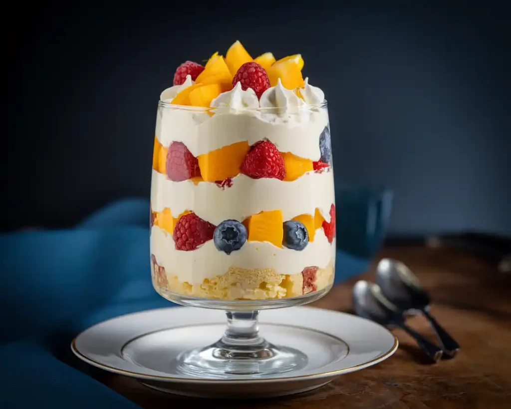 Bavarian Kreme trifle with fruit and whipped cream.