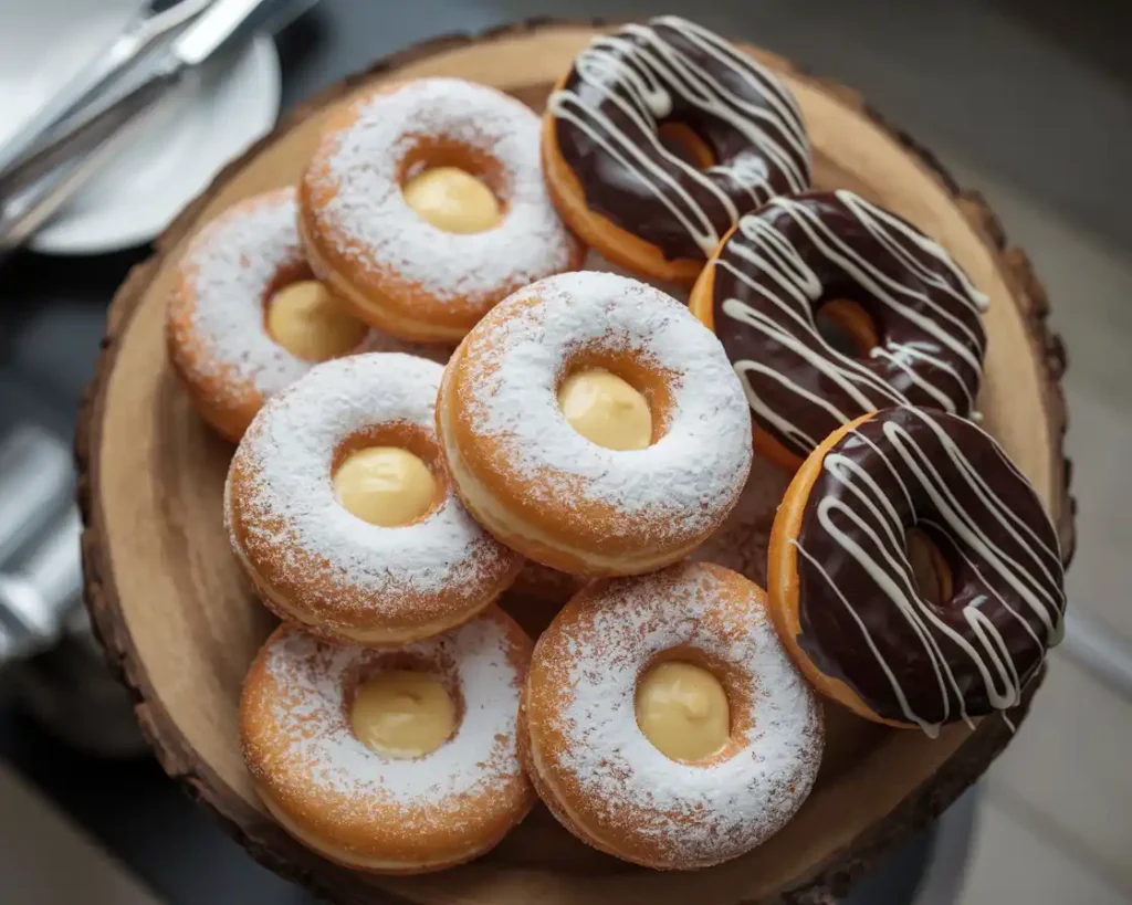 Bavarian Kreme and Boston Kreme donuts on a wooden platter.