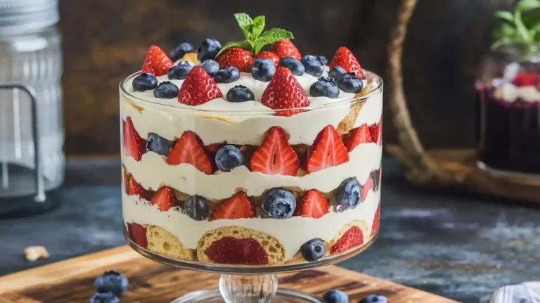Layered berry tiramisu trifle in a glass bowl
