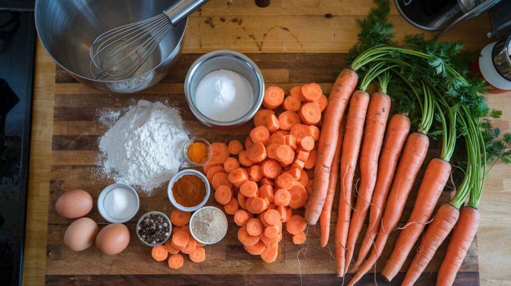 Carrot cake ingredients laid out on a wooden counter.