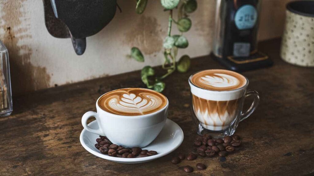 A flat white with latte art and a cortado on a rustic table.