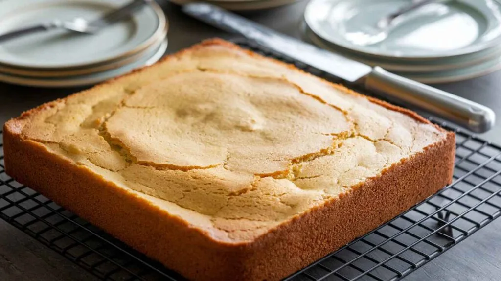 Freshly baked kefir sheet cake cooling on a wire rack.