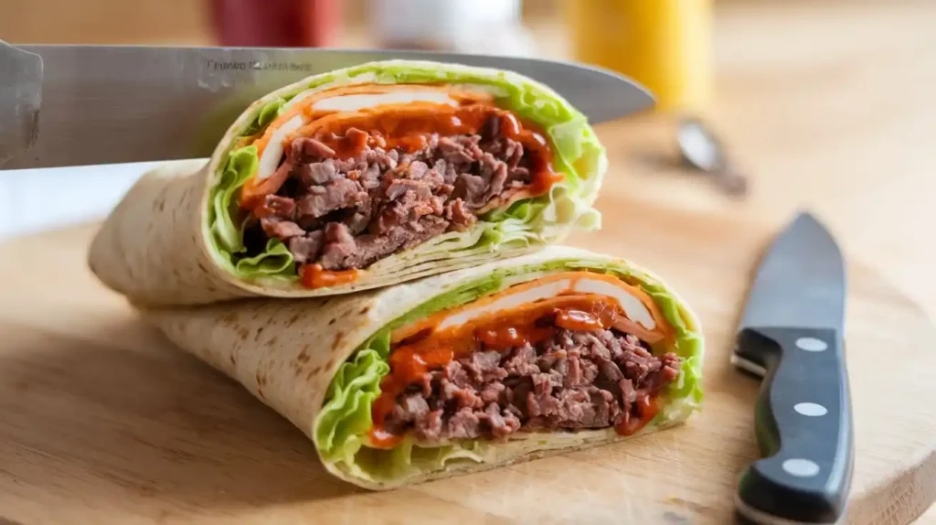 Homemade Big Mac Wrap sliced in half.
