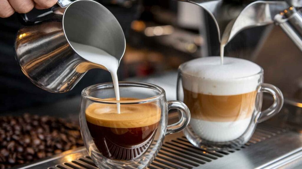 Barista pouring milk into espresso for a flat white next to a cortado.