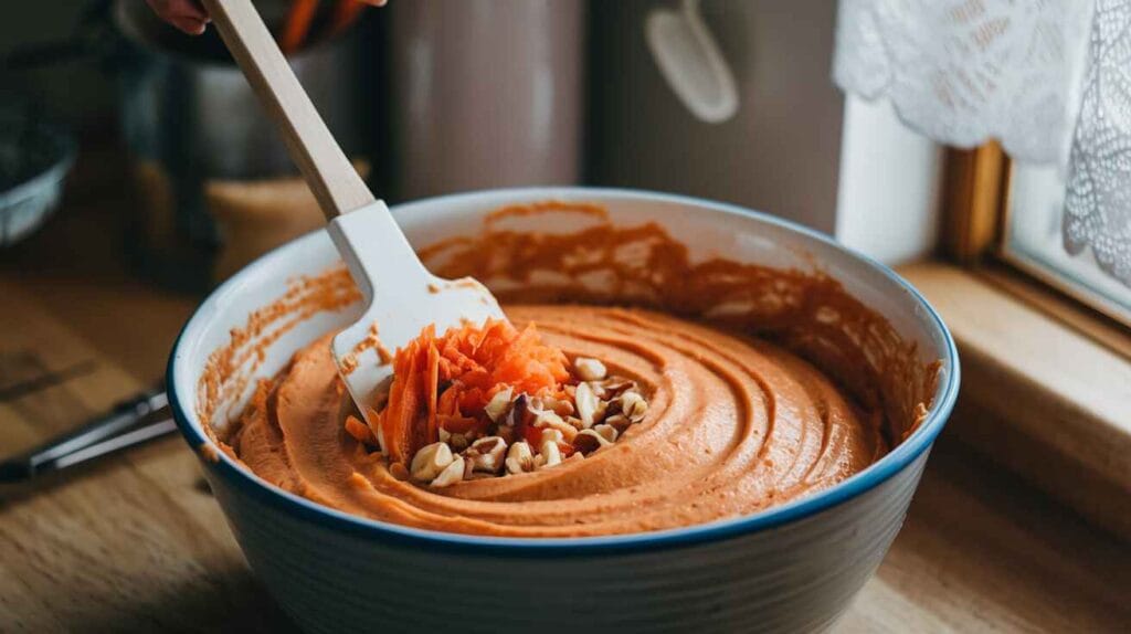 Carrot cake batter with grated carrots and nuts being mixed.