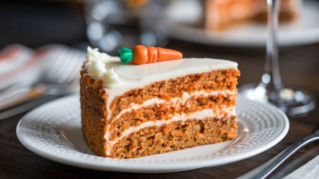 A slice of carrot cake with cream cheese frosting and candy garnish.