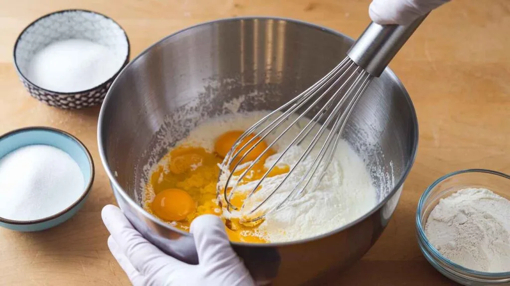 Mixing kefir, eggs, and butter in a bowl for sheet cake batter.