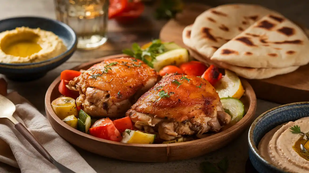 Plated Trader Joe's Chicken Shawarma with hummus and vegetables.