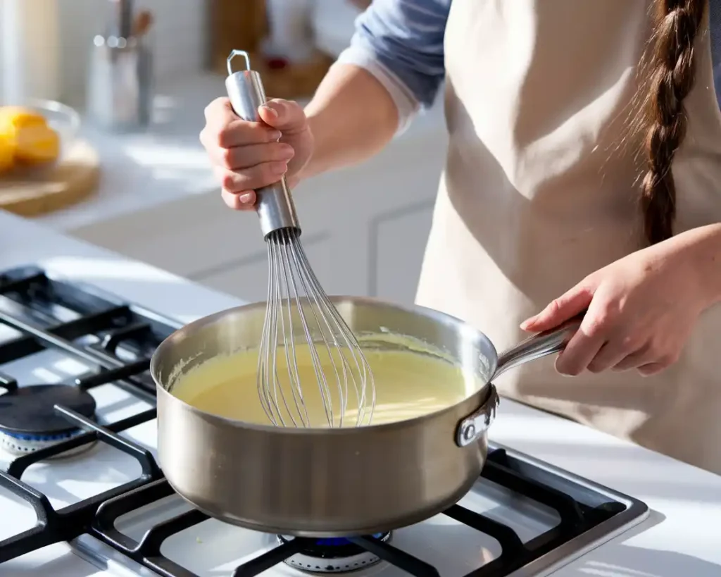 Bavarian Kreme custard preparation in a saucepan.