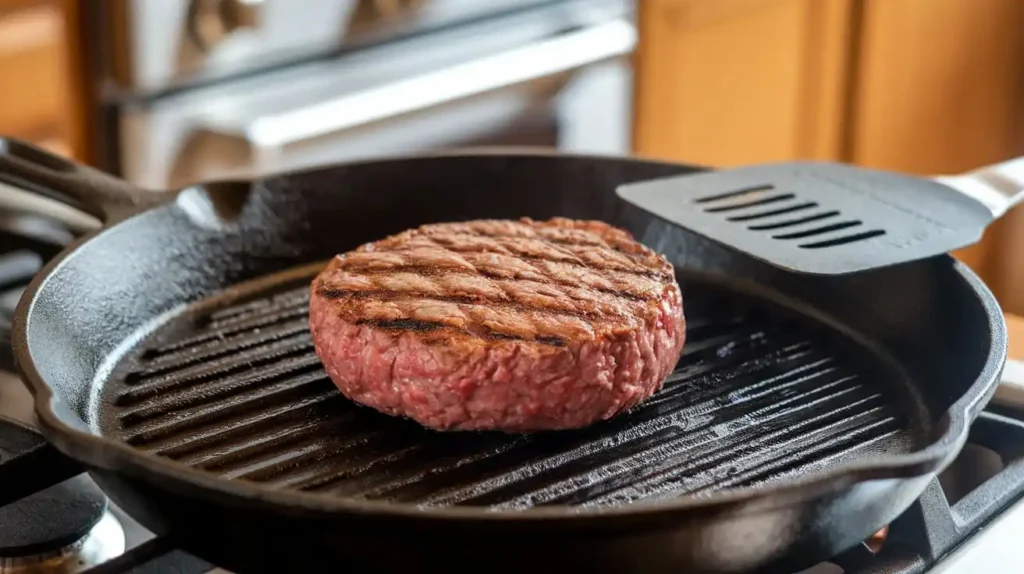 Sizzling 80/20 beef patty on a cast iron skillet.