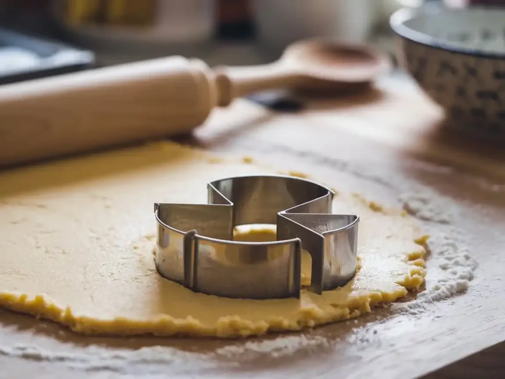 Biscuit dough being cut with a biscuit cutter on a wooden surface.