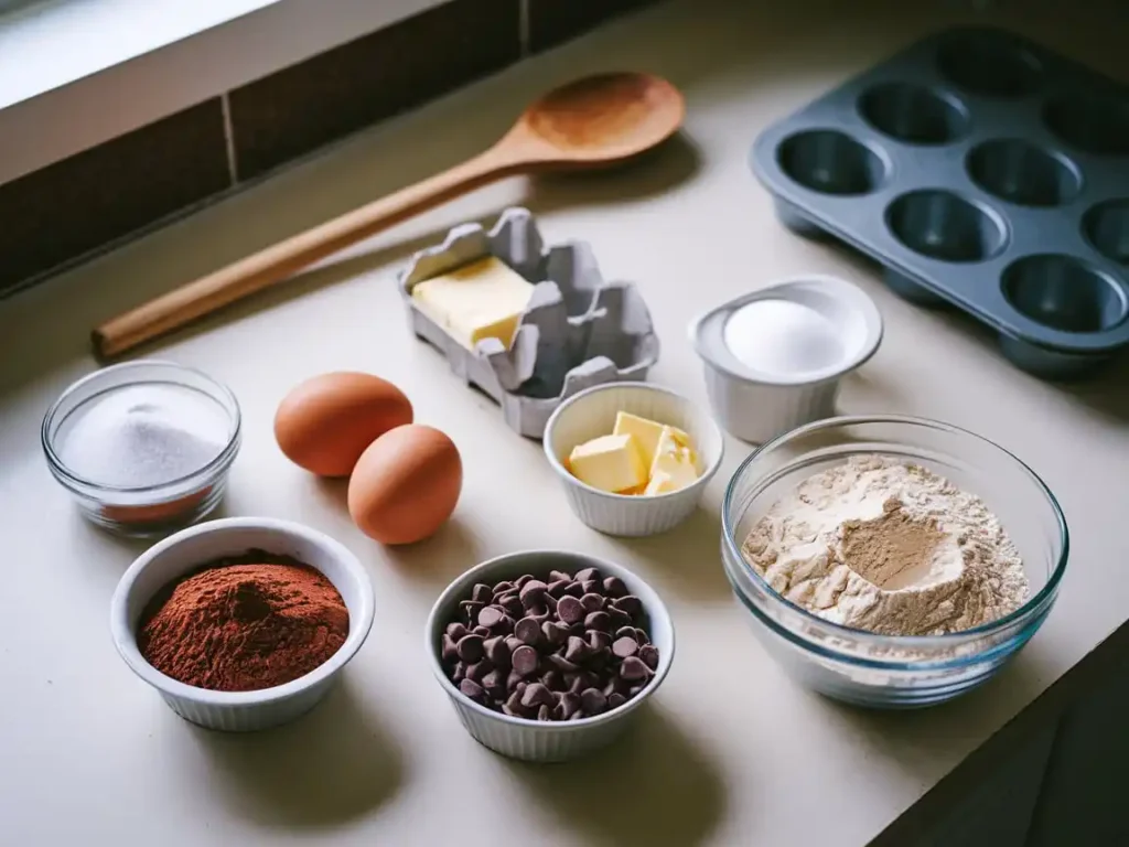 Brownie muffin ingredients arranged on a kitchen counter.