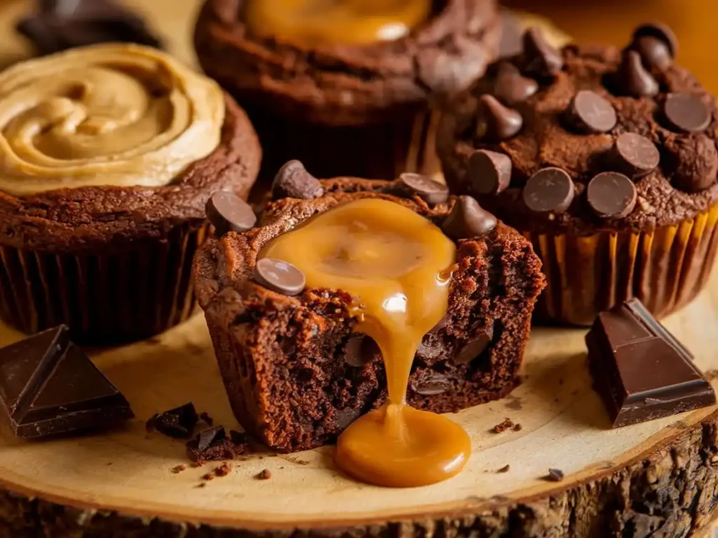 Brownie muffins with peanut butter, caramel, and extra chocolate.