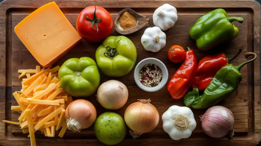 Ingredients for Chipotle queso laid out on a wooden board.