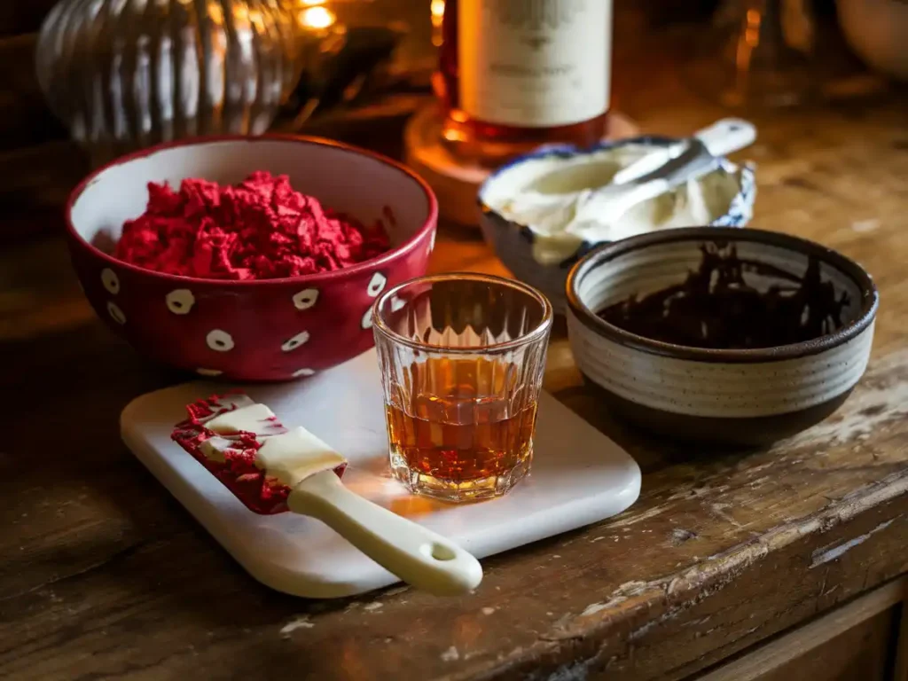 Ingredients for Red Velvet Bourbon Cake Balls on a rustic wooden kitchen counter.