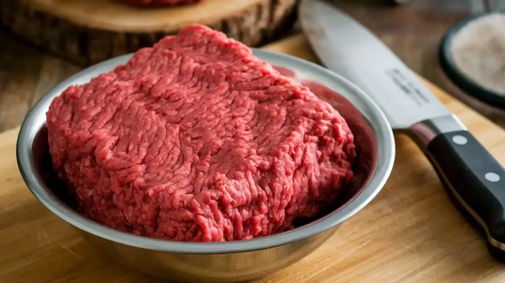 Raw 80/20 ground beef for burger patties.