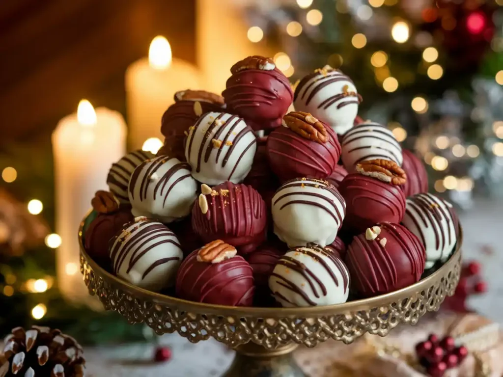 Red Velvet Bourbon Cake Balls drizzled with chocolate and garnished with pecans.