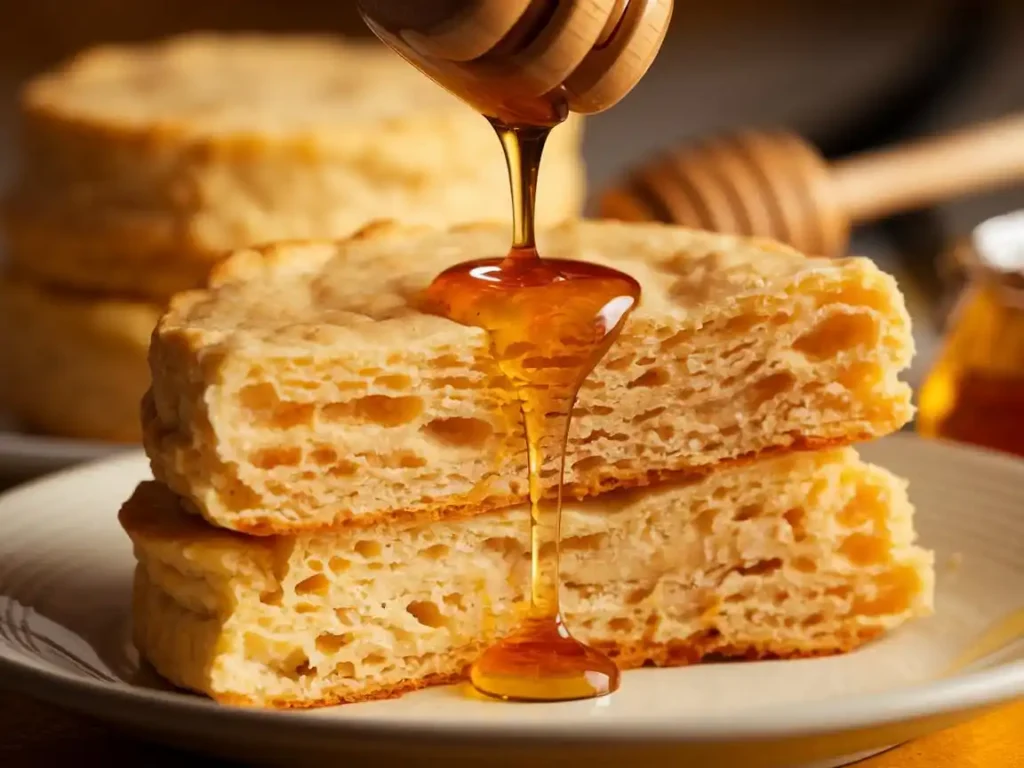 A soft, flaky butter biscuit with honey drizzling over it.