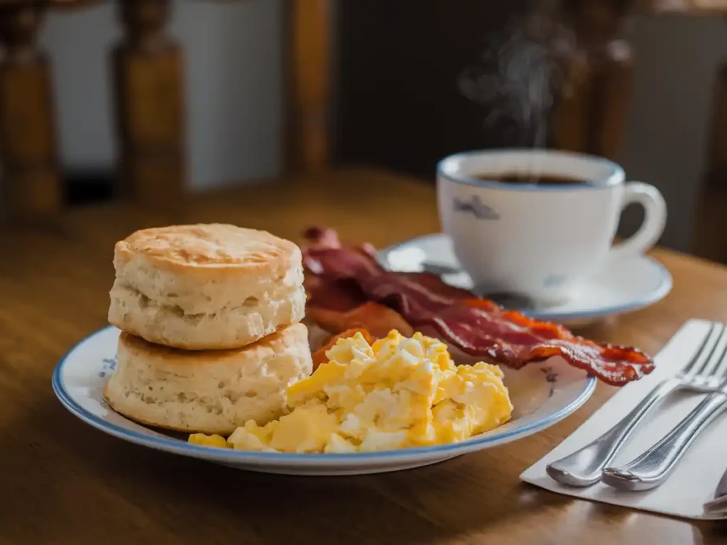 A plate of butter biscuits served with eggs, bacon, and coffee.