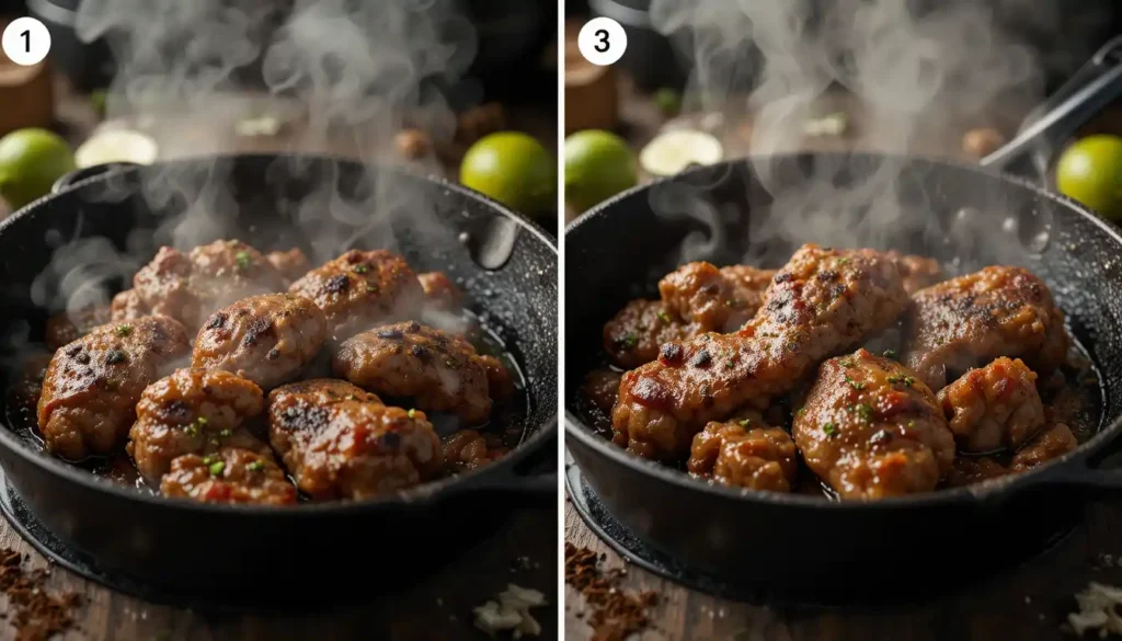 Browning taco meat in cast-iron skillet