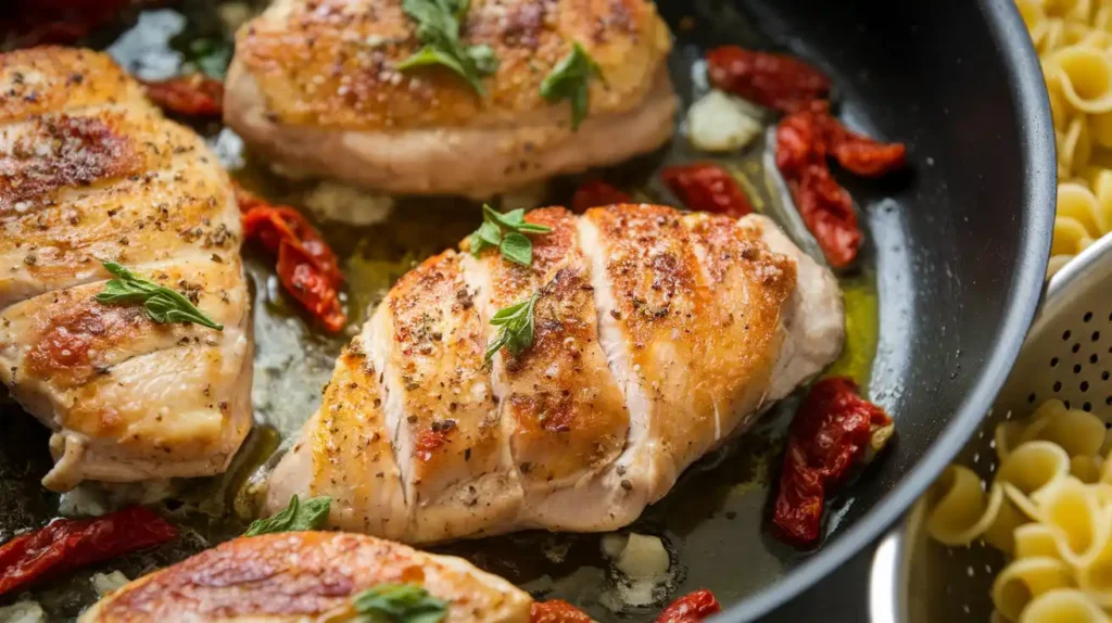 Cooking chicken for Marry Me Pasta in a skillet with garlic and olive oil.