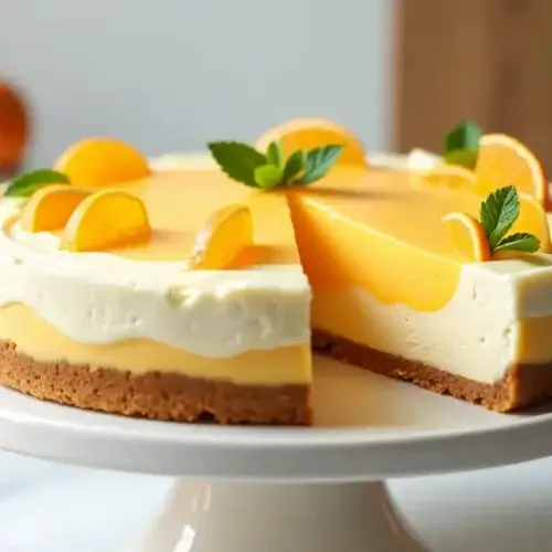 Vibrant orange creamsicle pie slice garnished with whipped cream and orange slices.