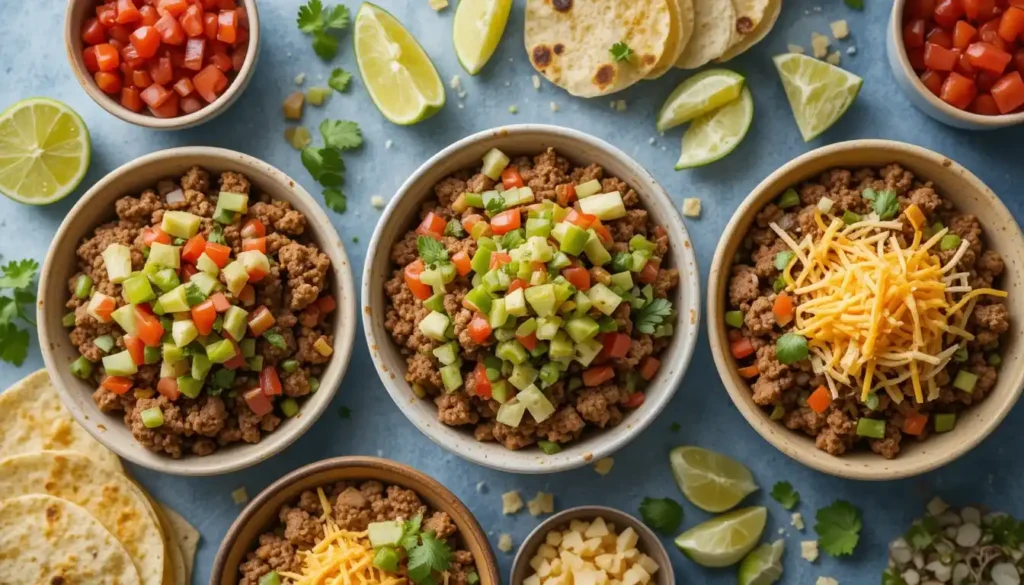 Taco meat with toppings and tortillas