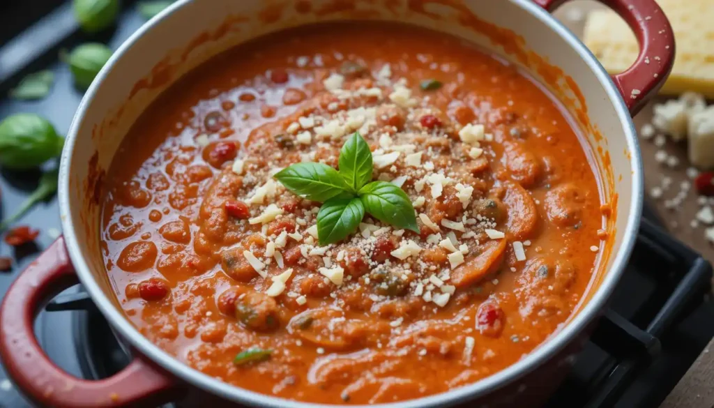 Creamy sun-dried tomato sauce simmering for Marry Me Pasta.