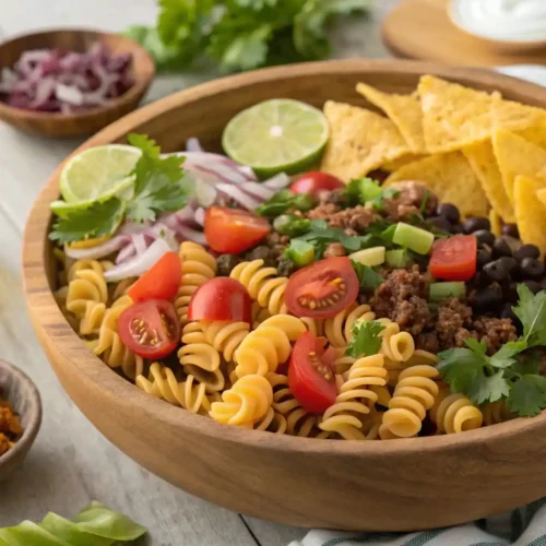 Colorful taco pasta salad with ground beef, cheese, and Doritos in a bowl