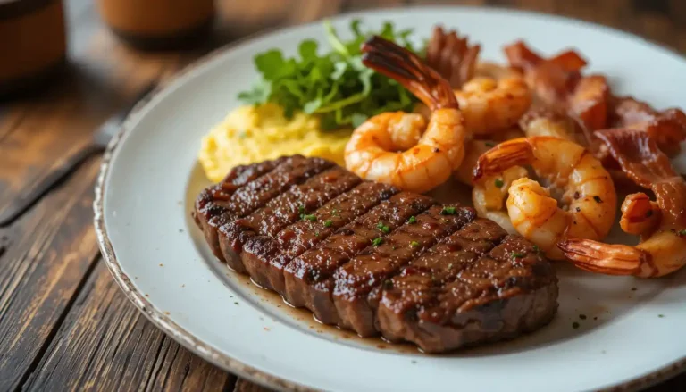 Delicious carnivore diet recipes featuring ribeye steak, shrimp, eggs, and bacon.