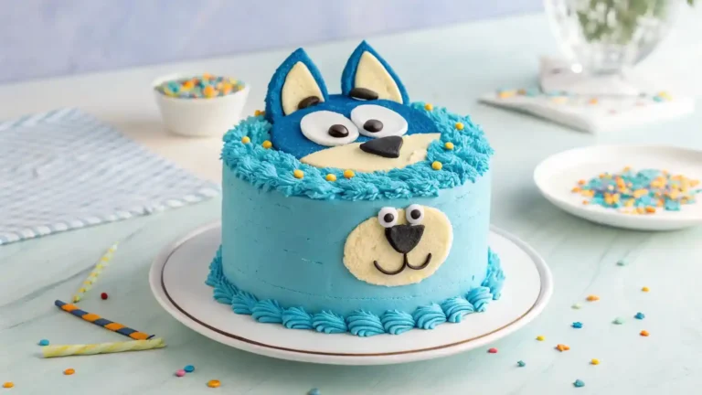 Delicious Bluey-themed cake with colorful decorations