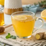 Warm mug of Natural Mounjaro Recipe with lemon and ginger garnish