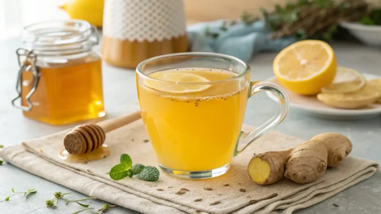 Warm mug of Natural Mounjaro Recipe with lemon and ginger garnish