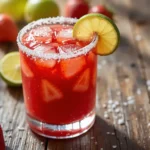 Strawberry margarita in a salt-rimmed glass with fresh strawberries and lime