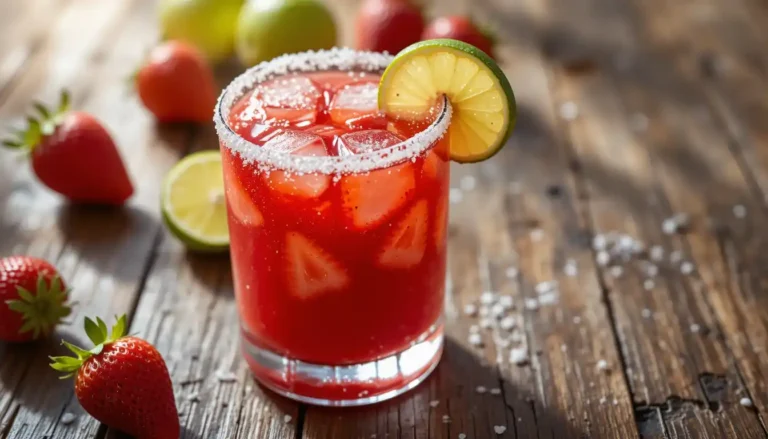 Strawberry margarita in a salt-rimmed glass with fresh strawberries and lime