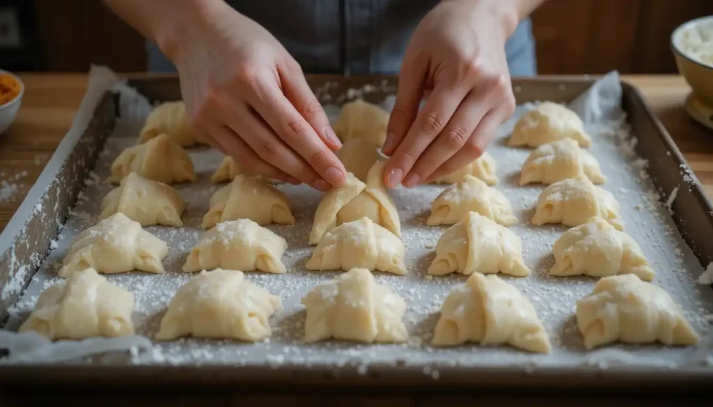 Shaping Swiss gipfeli into crescents