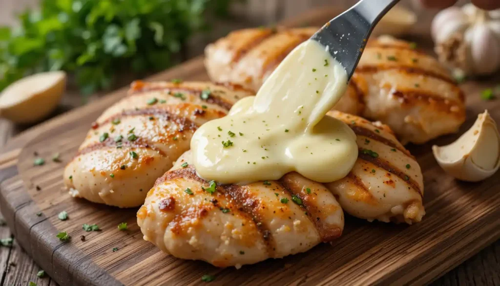 Fresh garlic butter spread over grilled chicken for hibachi