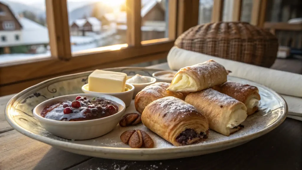 Assorted Swiss gipfeli varieties on a serving platter