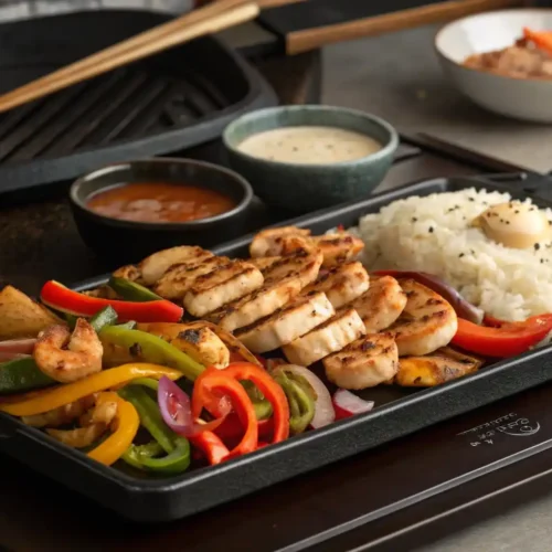 Sizzling homemade hibachi chicken, shrimp, and vegetables on a griddle