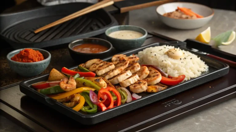 Sizzling homemade hibachi chicken, shrimp, and vegetables on a griddle