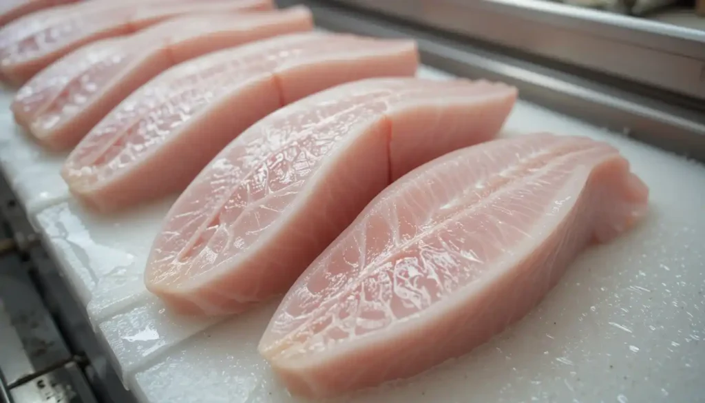 Fresh swordfish steaks at a seafood market with ideal thickness and color