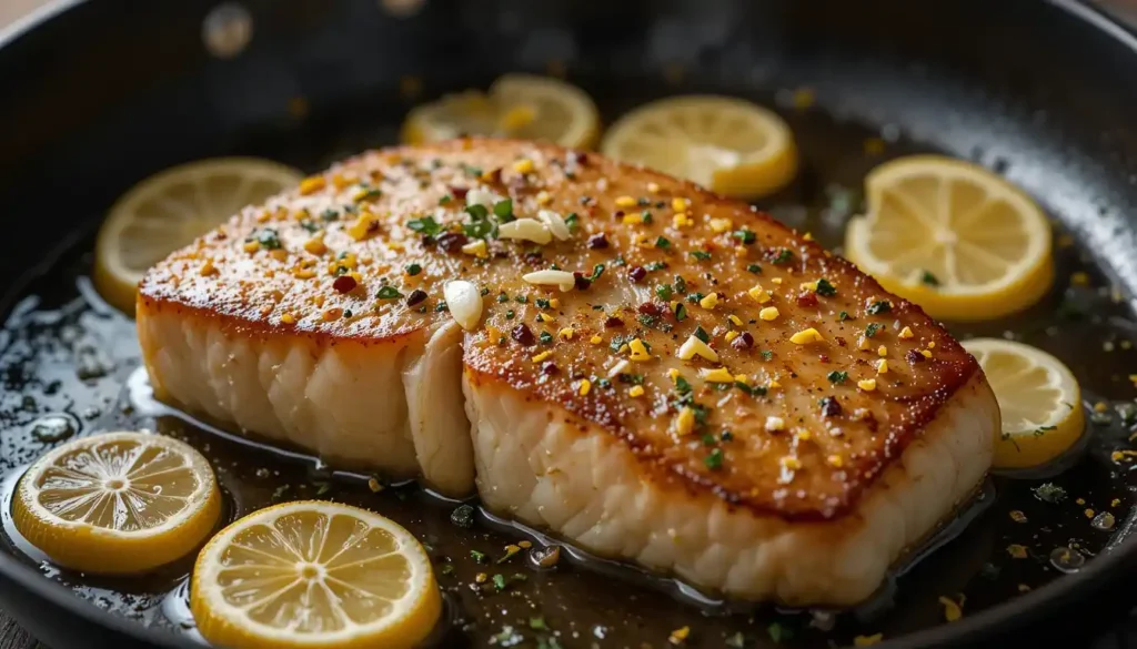 Pan-searing swordfish steak with butter, garlic, and lemon