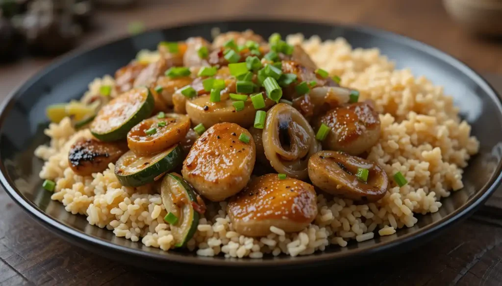 Perfectly plated homemade hibachi chicken with rice and vegetables