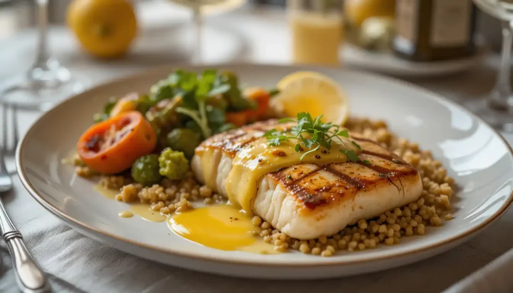 Swordfish steak served with lemon-butter sauce and Mediterranean sides