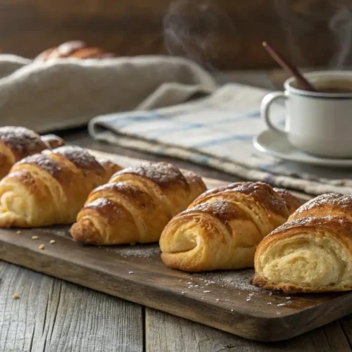 Freshly baked Swiss gipfeli on a wooden table