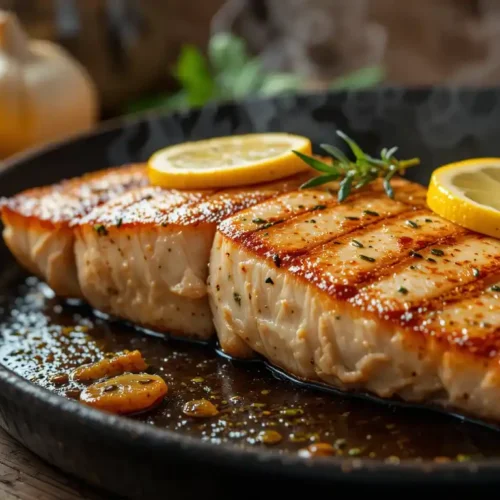 Perfectly seared swordfish steak in a skillet with lemon and herbs