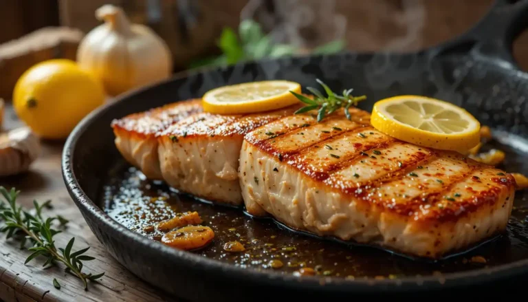 Perfectly seared swordfish steak in a skillet with lemon and herbs